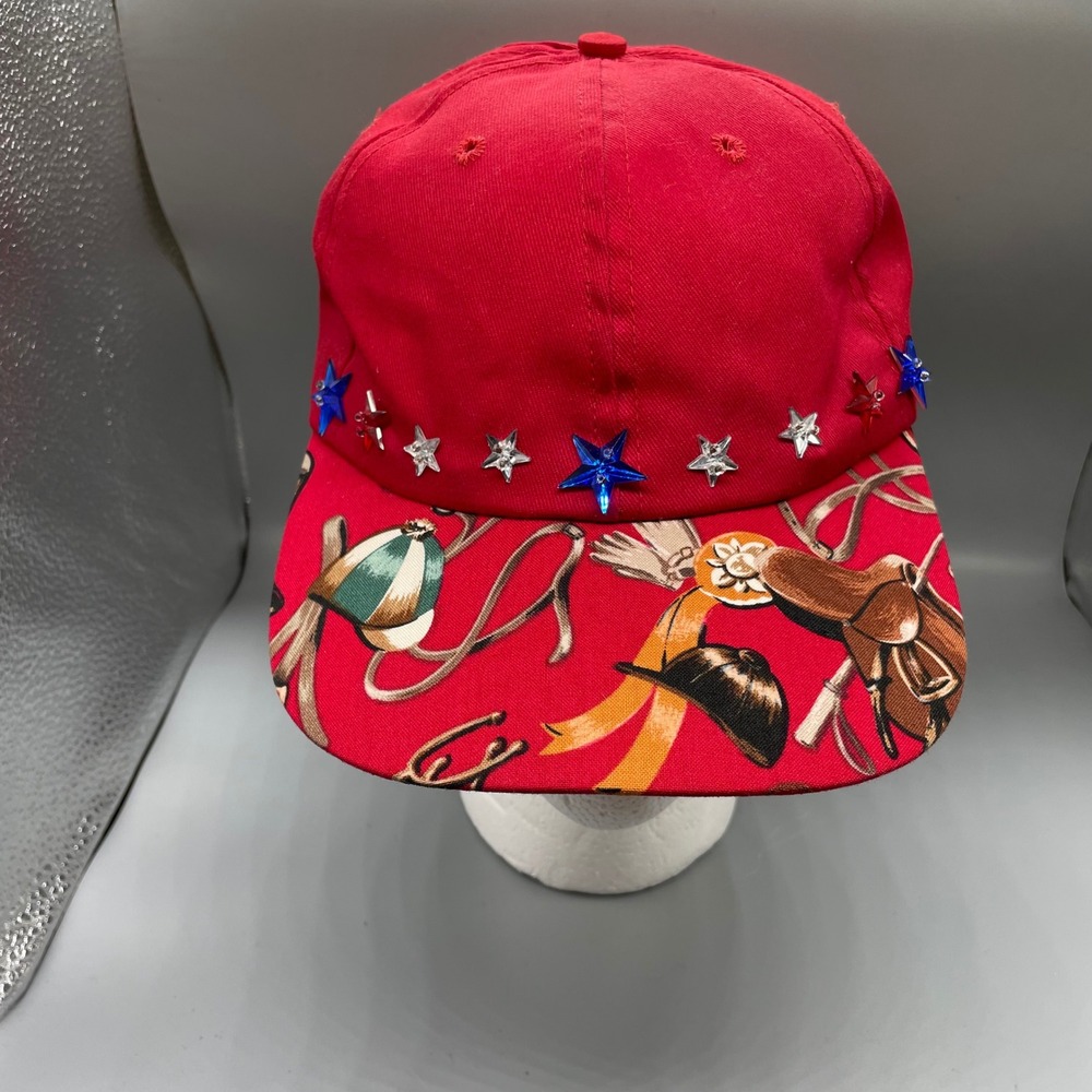 Vintage Red Equestrian Star Studded Snapback Hat Made in USA Western Print Brim